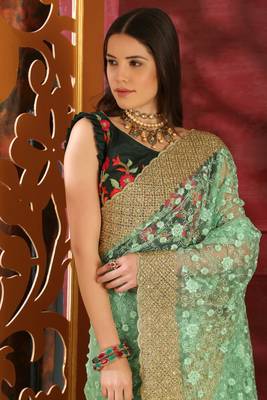 Light Green Embroidered Organza Saree With Blouse 2