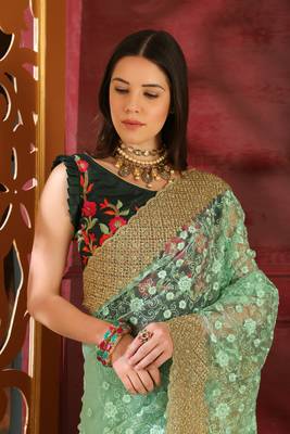 Light Green Embroidered Organza Saree With Blouse 3