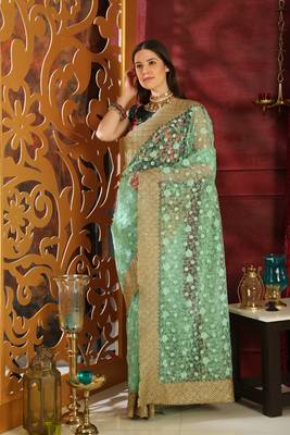Light Green Embroidered Organza Saree With Blouse 4