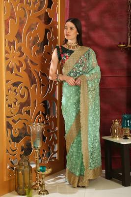 Light Green Embroidered Organza Saree With Blouse 5