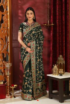 Dark Green Embroidered Silk Saree With Blouse 1