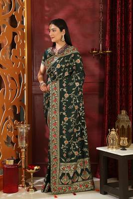 Dark Green Embroidered Silk Saree With Blouse 2
