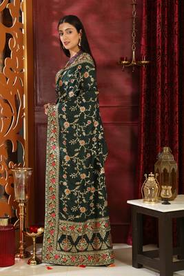 Dark Green Embroidered Silk Saree With Blouse 3