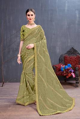 Olive Embroidered Organza Saree With Blouse 1