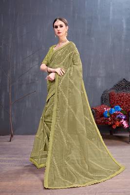Olive Embroidered Organza Saree With Blouse 2