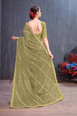 Olive Embroidered Organza Saree With Blouse 3