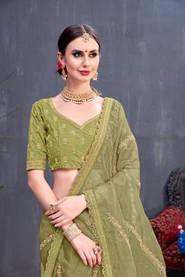 Olive Embroidered Organza Saree With Blouse 4