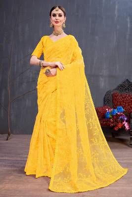 Yellow Embroidered Organza Saree With Blouse 1