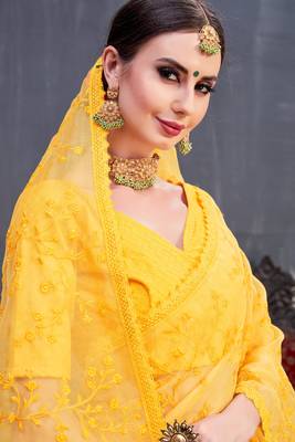 Yellow Embroidered Organza Saree With Blouse 4