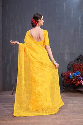 Yellow Embroidered Organza Saree With Blouse 5