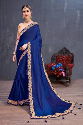Navy Blue Embroidered Silk Saree With Blouse 1