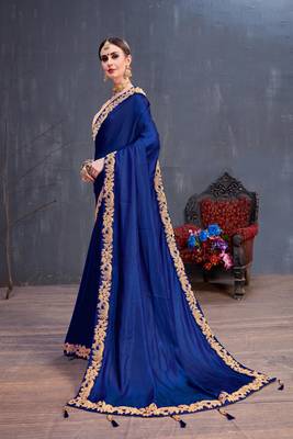 Navy Blue Embroidered Silk Saree With Blouse 2
