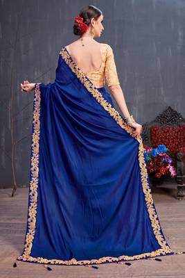 Navy Blue Embroidered Silk Saree With Blouse 3
