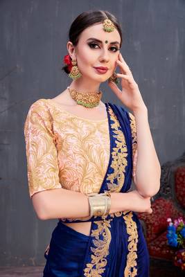 Navy Blue Embroidered Silk Saree With Blouse 4