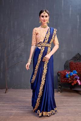 Navy Blue Embroidered Silk Saree With Blouse 5