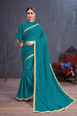 Turquoise Embroidered Silk Cotton Saree With Blouse 1