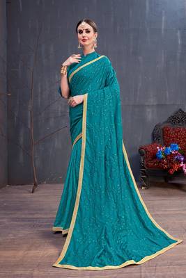 Turquoise Embroidered Silk Cotton Saree With Blouse 2