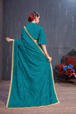 Turquoise Embroidered Silk Cotton Saree With Blouse 3