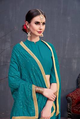 Turquoise Embroidered Silk Cotton Saree With Blouse 4