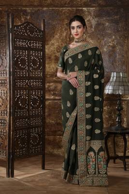 Olive Embroidered Silk Saree With Blouse 1
