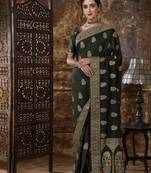 Olive Embroidered Silk Saree With Blouse