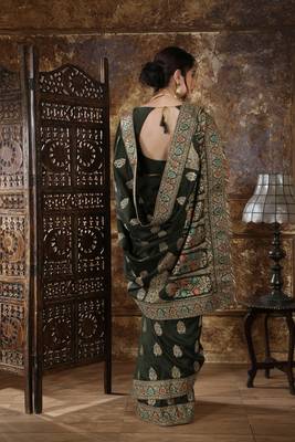 Olive Embroidered Silk Saree With Blouse 2