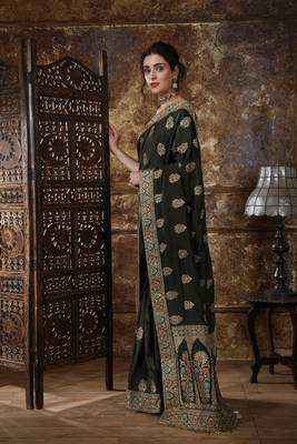 Olive Embroidered Silk Saree With Blouse 3