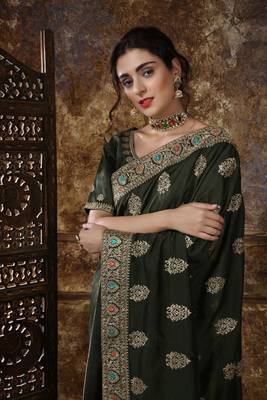 Olive Embroidered Silk Saree With Blouse 4