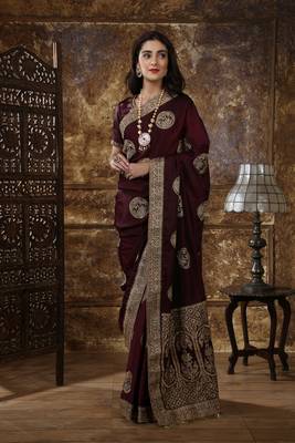 Maroon Embroidered Silk Saree With Blouse 1
