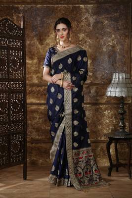 Navy Blue Embroidered Silk Saree With Blouse 1