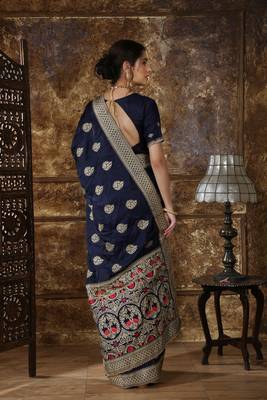 Navy Blue Embroidered Silk Saree With Blouse 2