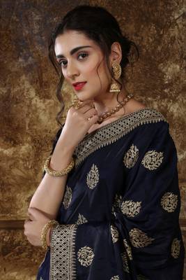 Navy Blue Embroidered Silk Saree With Blouse 4