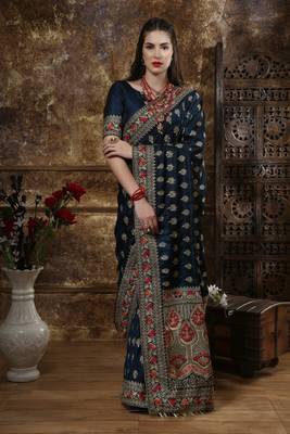 Navy Blue Embroidered Silk Saree With Blouse 1