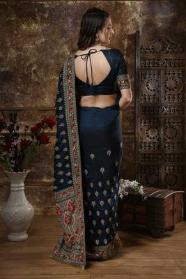 Navy Blue Embroidered Silk Saree With Blouse 2