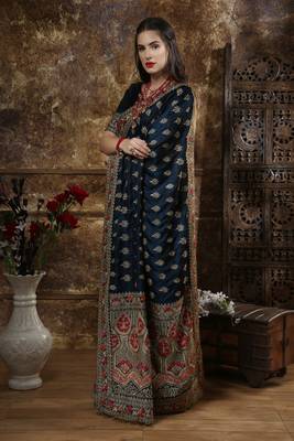 Navy Blue Embroidered Silk Saree With Blouse 3