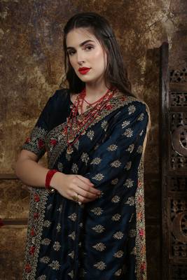 Navy Blue Embroidered Silk Saree With Blouse 4