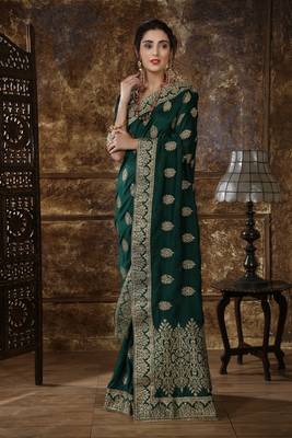 Dark Green Embroidered Silk Saree With Blouse 1