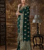 Dark Green Embroidered Silk Saree With Blouse
