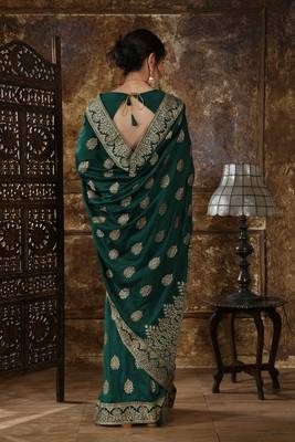 Dark Green Embroidered Silk Saree With Blouse 2