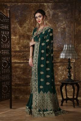 Dark Green Embroidered Silk Saree With Blouse 3