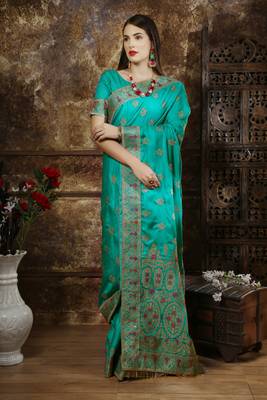 Teal Embroidered Silk Saree With Blouse 1