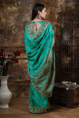 Teal Embroidered Silk Saree With Blouse 2