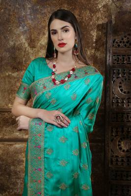 Teal Embroidered Silk Saree With Blouse 4
