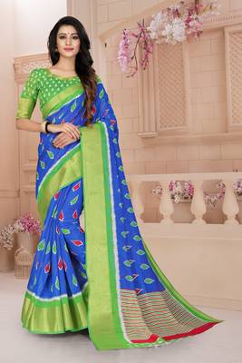 Blue Printed Cotton Poly Saree With Blouse 1