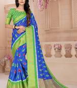 Blue Printed Cotton Poly Saree With Blouse