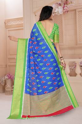 Blue Printed Cotton Poly Saree With Blouse 2