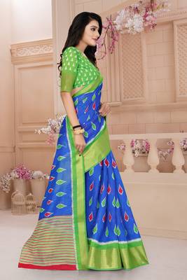 Blue Printed Cotton Poly Saree With Blouse 3