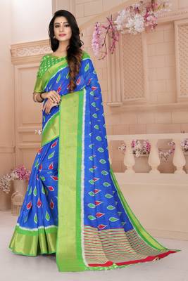 Blue Printed Cotton Poly Saree With Blouse 4