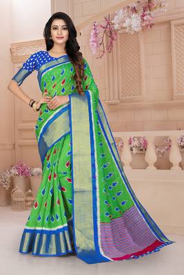 Green Printed Cotton Poly Saree With Blouse 1
