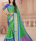Green Printed Cotton Poly Saree With Blouse